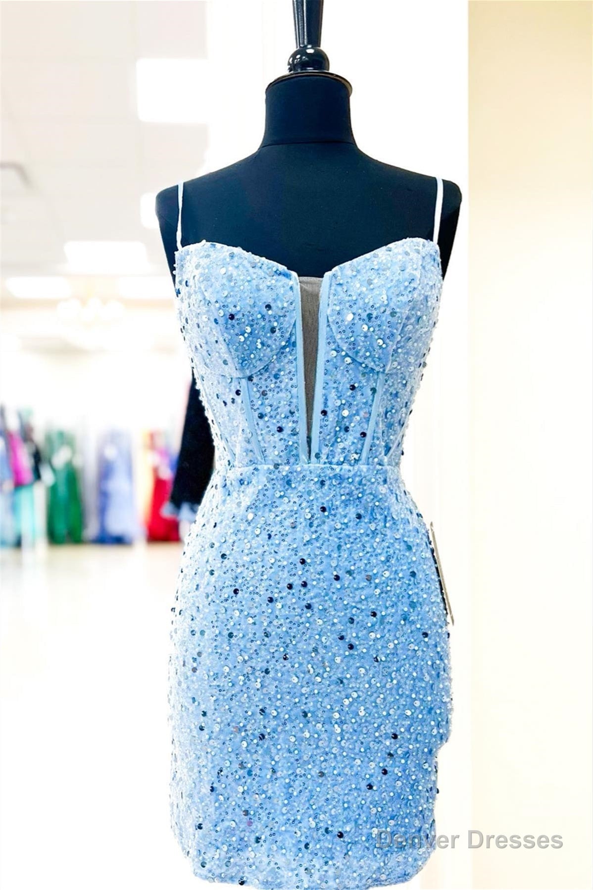 Light Blue Straps Sheath Beaded Sequined Homecoming Dress Main image