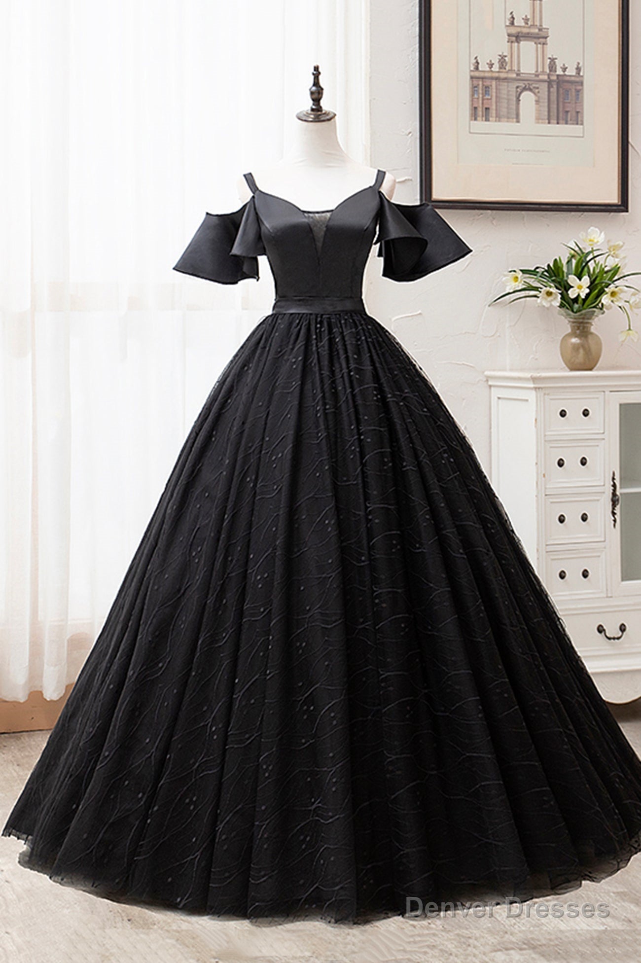 Black V-Neck Tulle Long Prom Dresses, A-Line Black Evening Dresses Secondary image