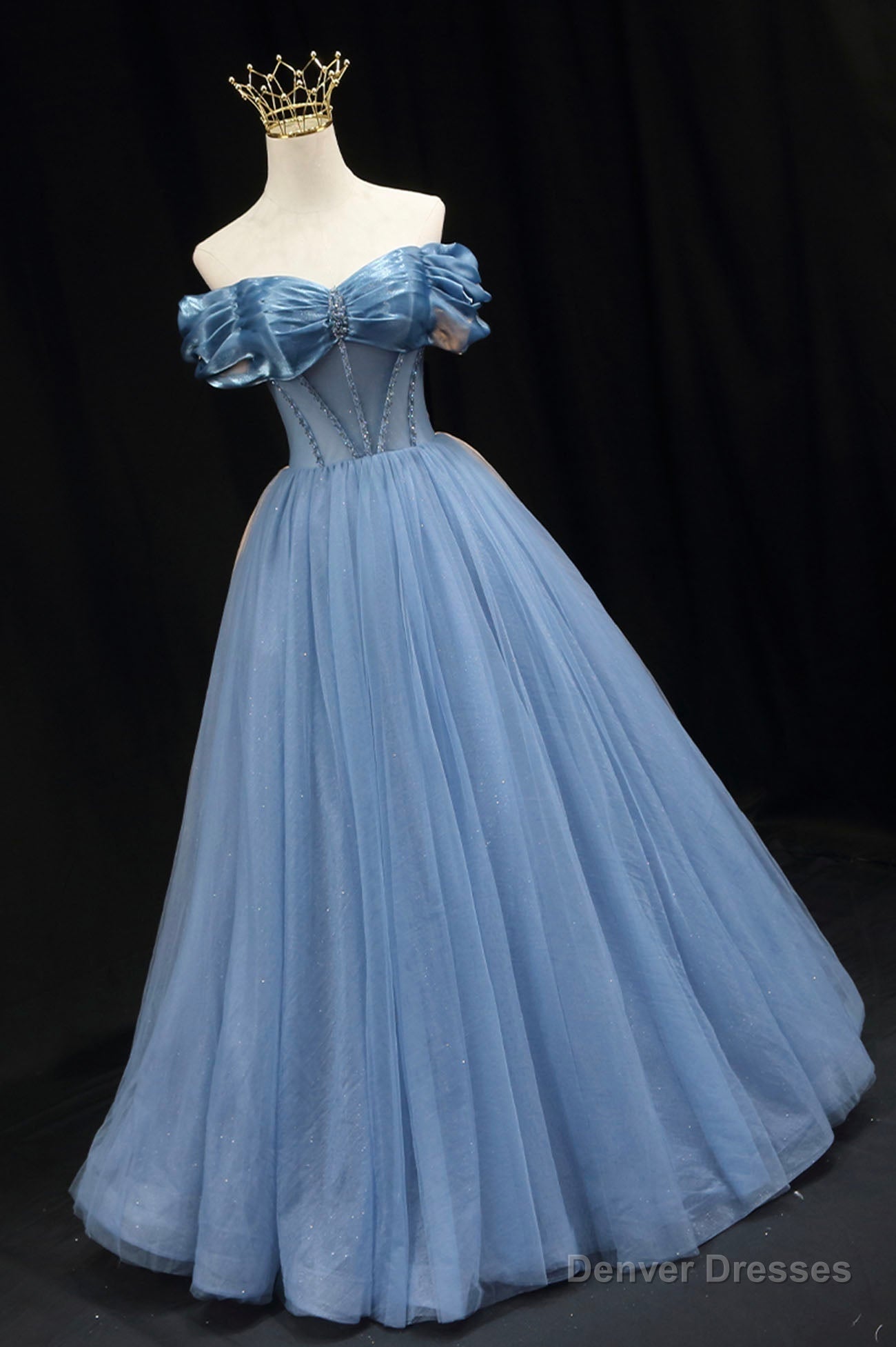 Blue Tulle Beaded Long Prom Dress, Elegant A-Line Blue Evening Dress Main image
