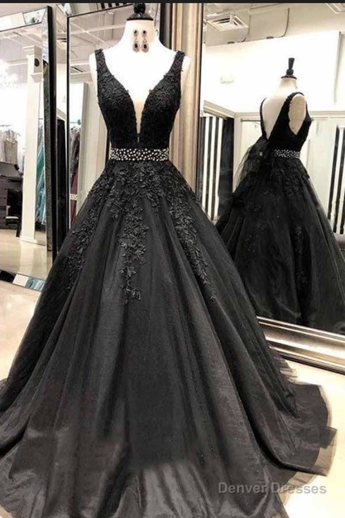 2025 Cheap Black V-neck Beaded Tulle Prom Dresses Main image