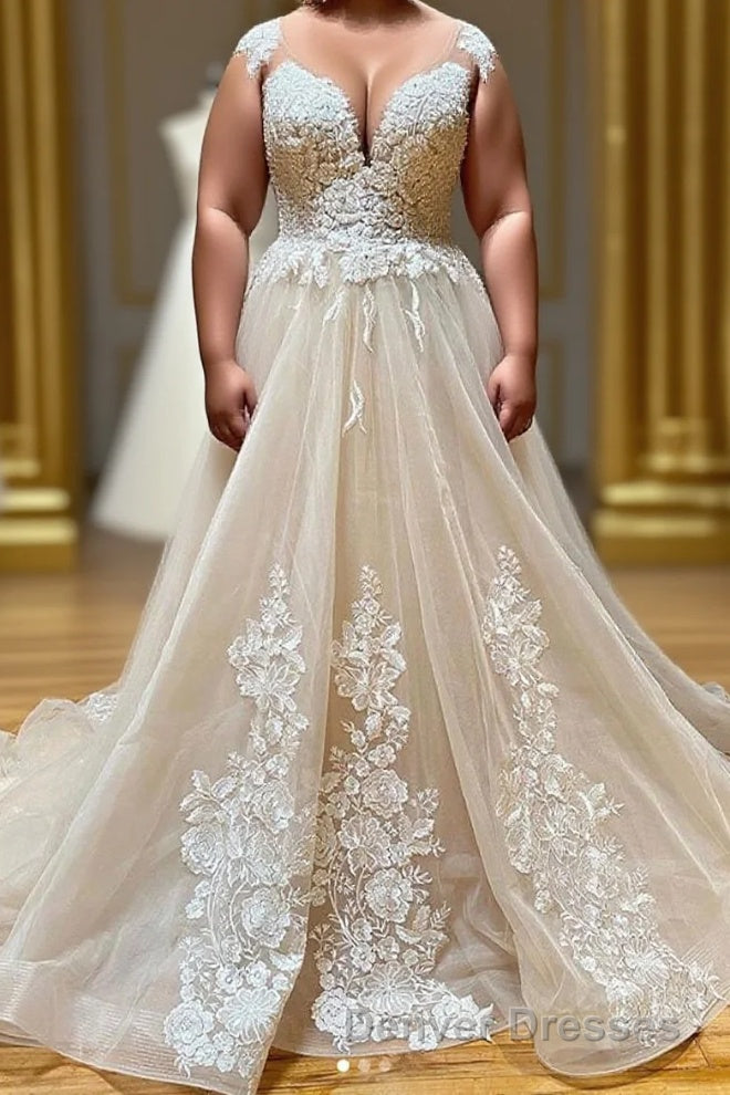 Champagne Sleeveless Round Neck Tulle Lace Long Prom Dress