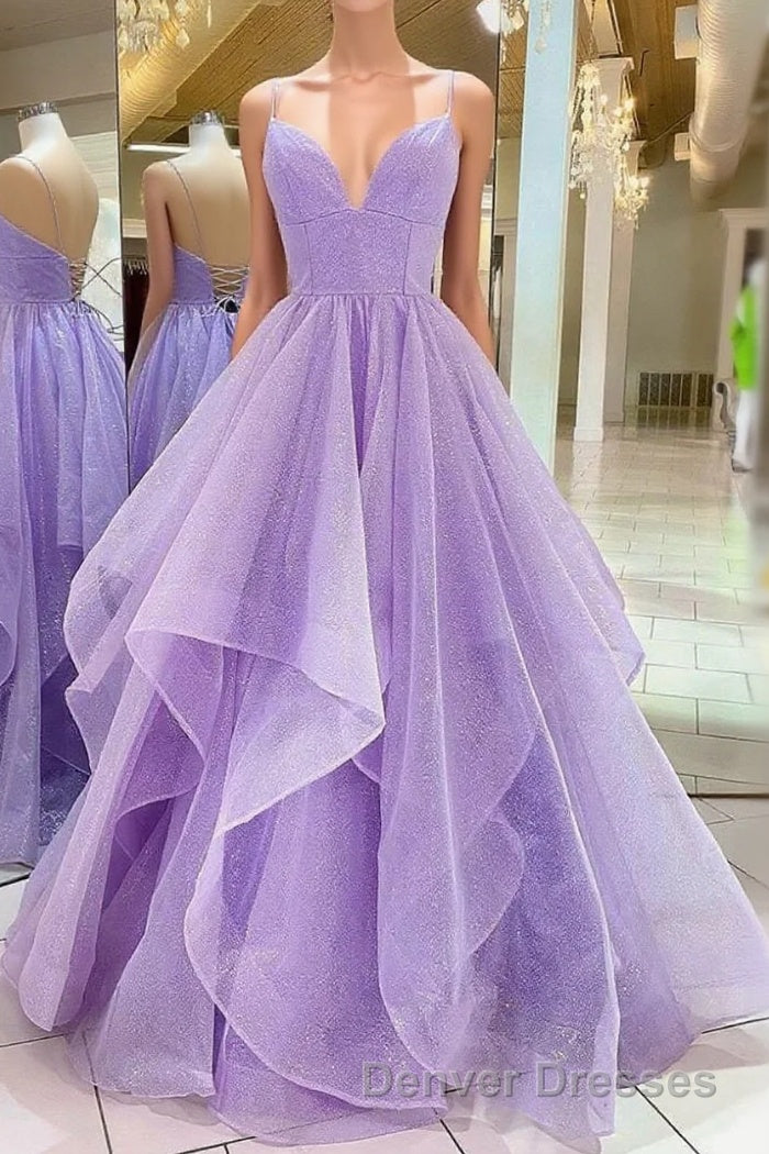 Purple V Neck Sleeveless A Line Tulle Sequin Prom Dress Main image