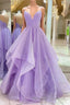 Purple V Neck Sleeveless A Line Tulle Sequin Prom Dress