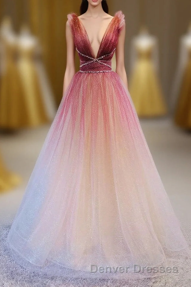 A-Line Burgundy V Neck Tulle Sequin Long Prom Dress Burgundy Evening Dress Main image