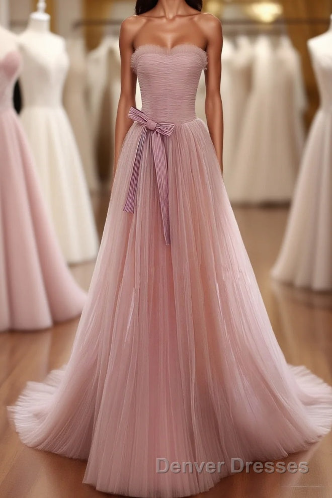 Simple Pink Tulle Long Prom Dress, Pink Tulle Formal Dress, 1 Main image