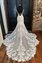 Elegant V Neck Mermaid Lace Appliques Wedding Dress