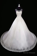 2025 A Line Wedding Dresses, Scoop Tulle With Applique And Beads Lace Up