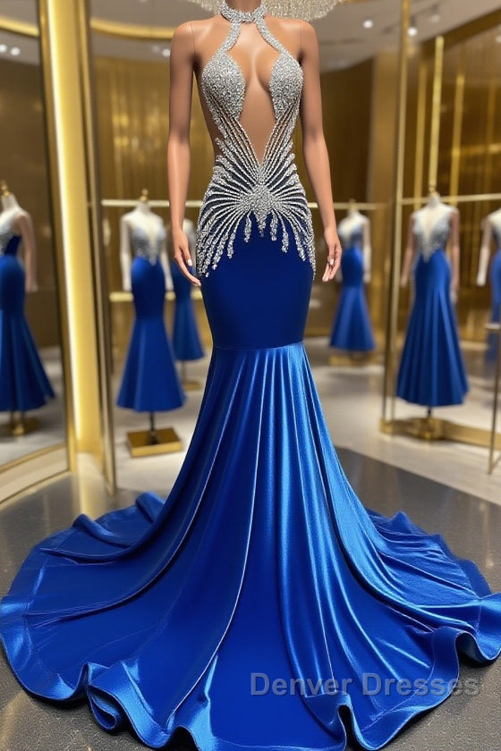 Royal Blue Halter Sleeveless Mermaid Prom Dress With Beadings Velvet Main image