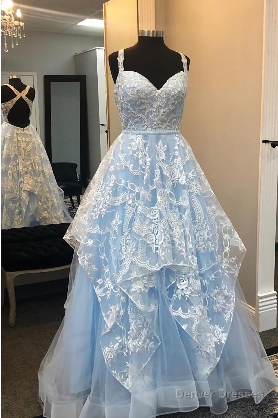 Elegant A Line Blue Open Back Appliques Prom Dress, Long Evening Party Dress, 9928 Main image