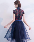 Blue Tulle Lace High Low Prom Dress, Blue Homecoming Dress