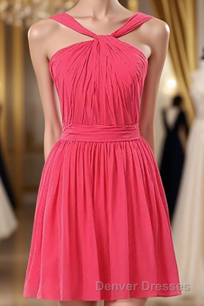 Neon Pink Halter Knee Length Bridesmaid Dress