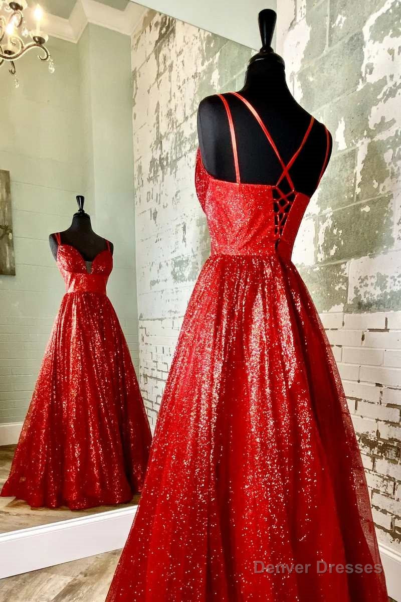 A-Line Red Sequin Lace-Up Long Prom Dress Secondary image