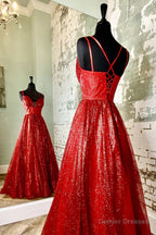 A-Line Red Sequin Lace-Up Long Prom Dress