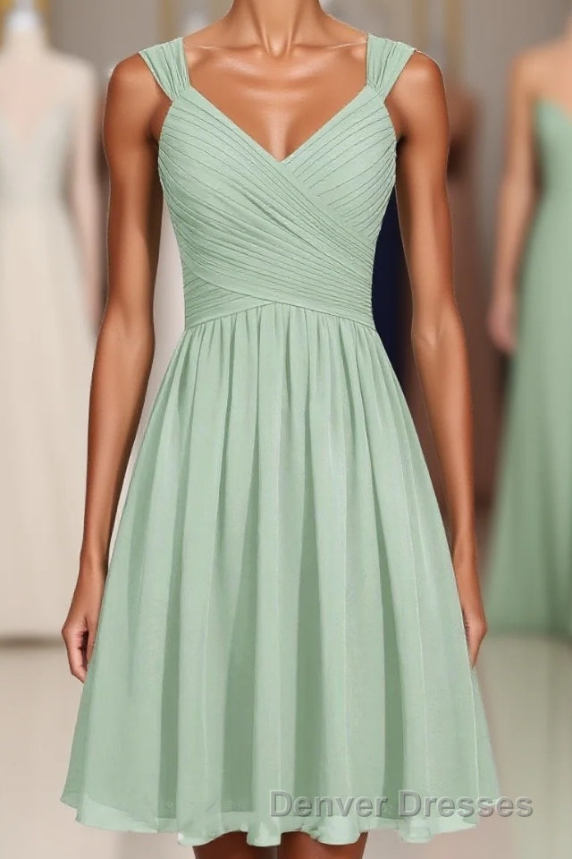 Sage Green Chiffon Lace-Up Short Bridesmaid Dress Main image