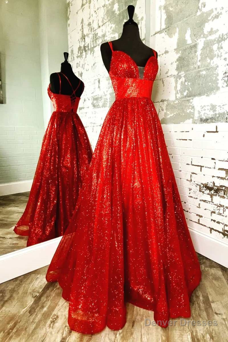 A-Line Red Sequin Lace-Up Long Prom Dress Main image