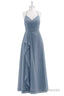 Dusty Blue Chiffon Halter Backless Ruffled Long Bridesmaid Dress