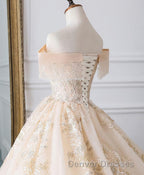 Champagne Off Shoulder Tulle Lace Long Wedding Dress, Wedding Gown