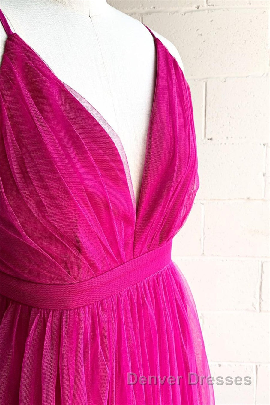 A-line V-Neck Pleated Tulle Long Bridesmaid Dress with Slit