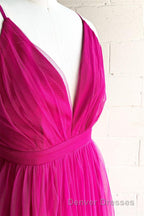 A-line V-Neck Pleated Tulle Long Bridesmaid Dress with Slit