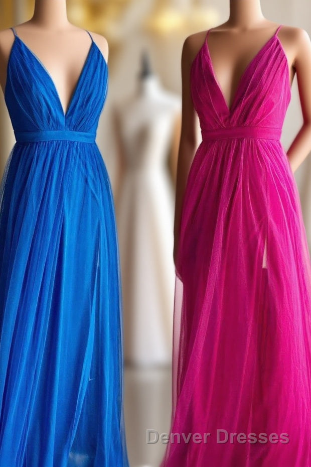 A-line V-Neck Pleated Tulle Long Bridesmaid Dress with Slit Main image