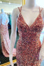Rust Orange Sequin V-Neck Lace-Up Mermaid Long Formal Dress