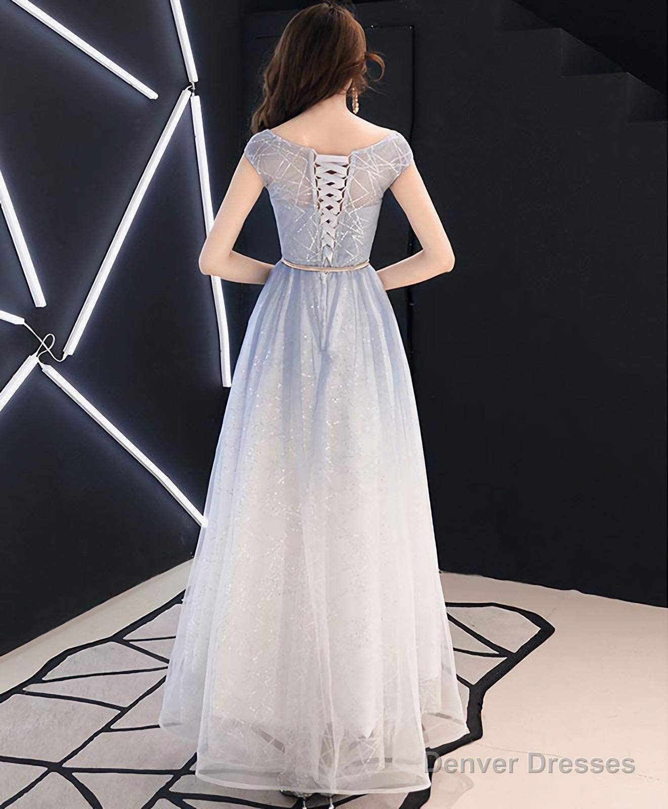 Blue Round Neck Tulle Long Prom Dress, Blue Tulle Evening Dress Secondary image