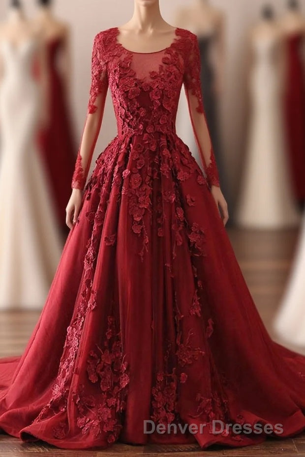 Burgundy Lace Satin Long Prom Dress, Burgundy Lace Evening Dress Main image
