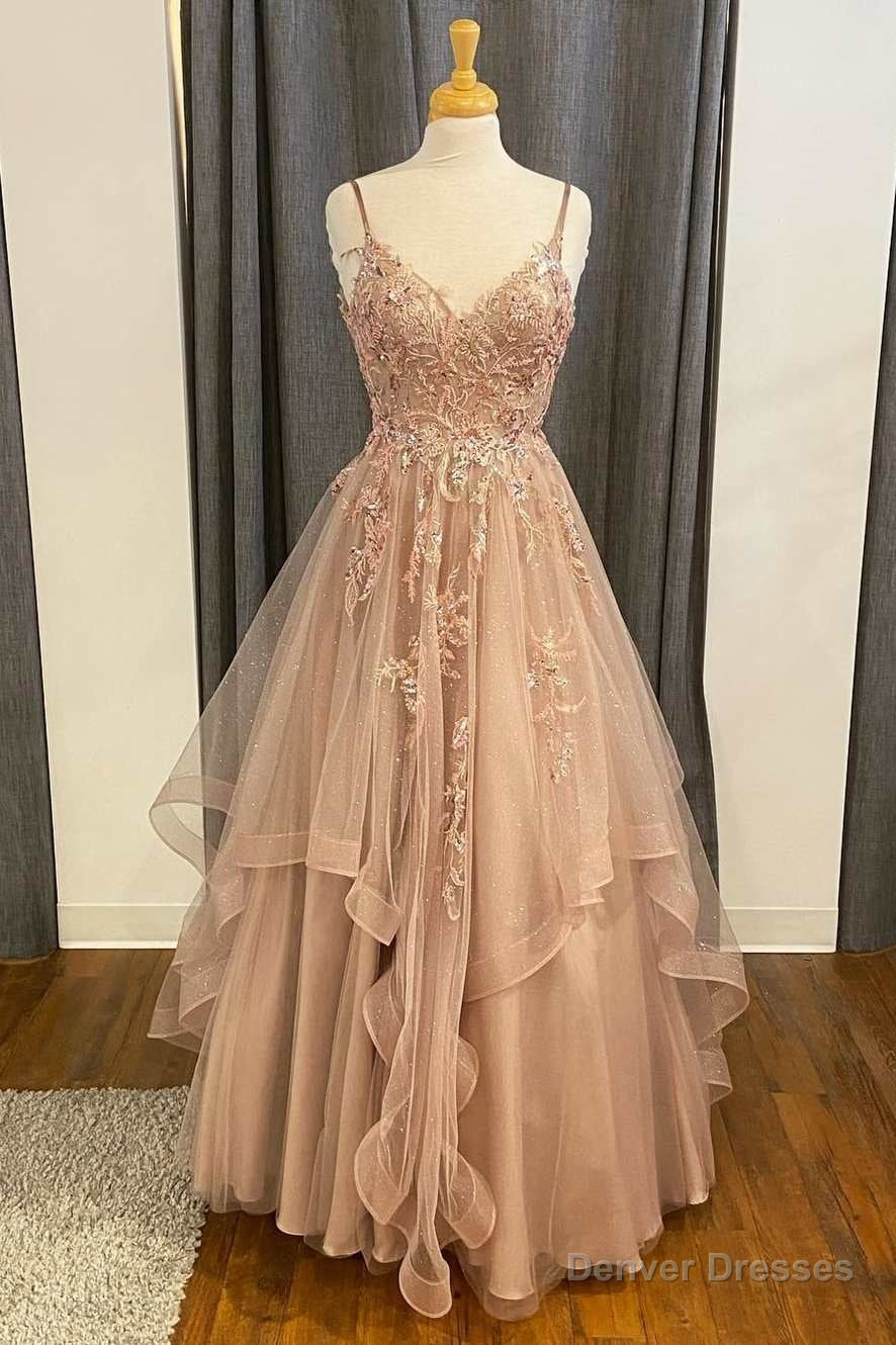 Champagne Lace Beaded V-Neck Straps A-Line Tiered Prom Dress Main image