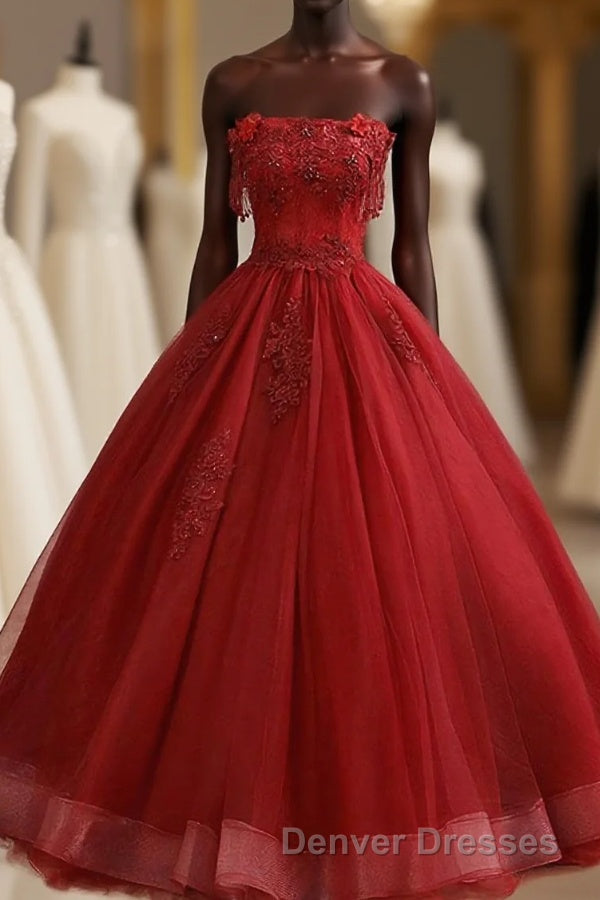 Burgundy Tulle Lace Long Prom Gown Burgundy Tulle Lace Formal Dress Main image