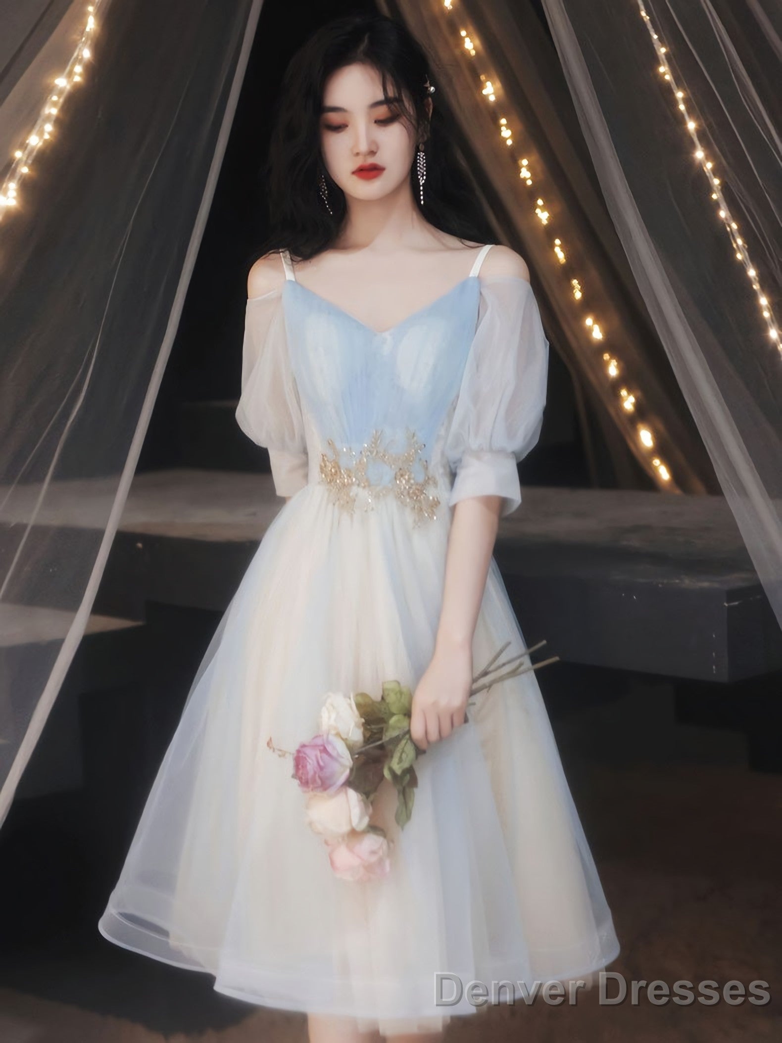 Blue A Line Tulle Lace Short Prom Dress Blue Homecoming Dress Secondary image