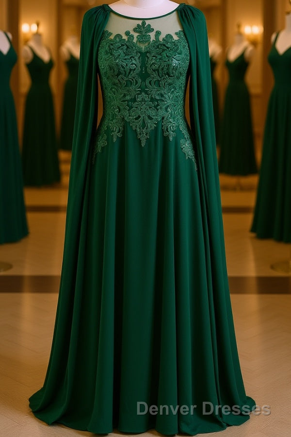 Dark Green A-Line Lace Appliques Chiffon Prom Dress Main image