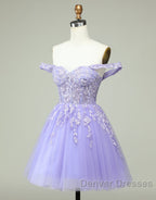 A-Line Off The Shoulder Short Tulle Dress With Appliques