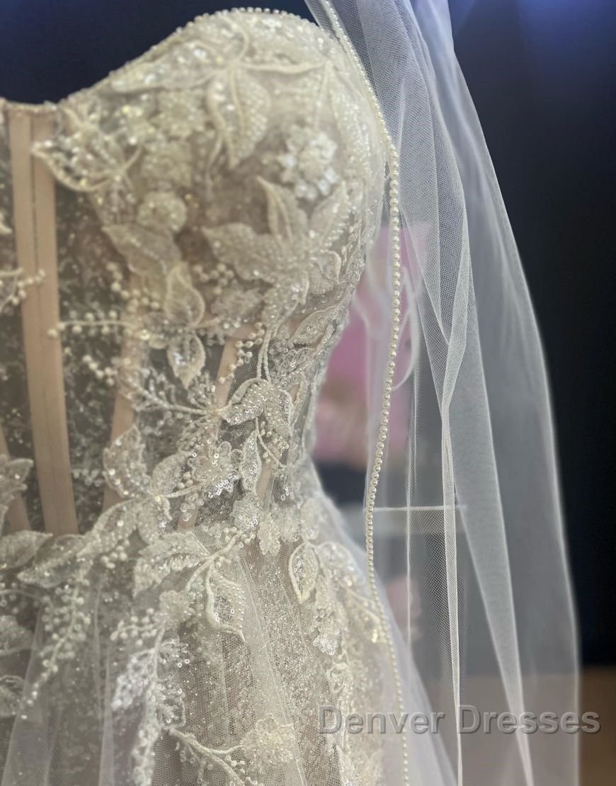 A-Line Sweetheart Neckline Tulle Wedding Dress With Appliques