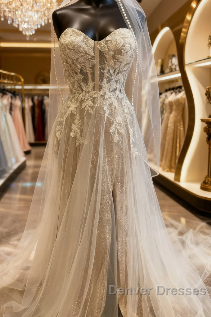 A-Line Sweetheart Neckline Tulle Wedding Dress With Appliques Main image