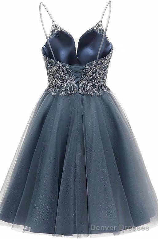 A-line Straps Appliques Tulle Short Homecoming Dresses