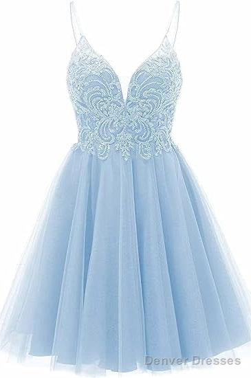 A-line Straps Appliques Tulle Short Homecoming Dresses