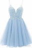 A-line Straps Appliques Tulle Short Homecoming Dresses