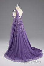 A-line V-Neck Lace Appliques Long Prom Dress