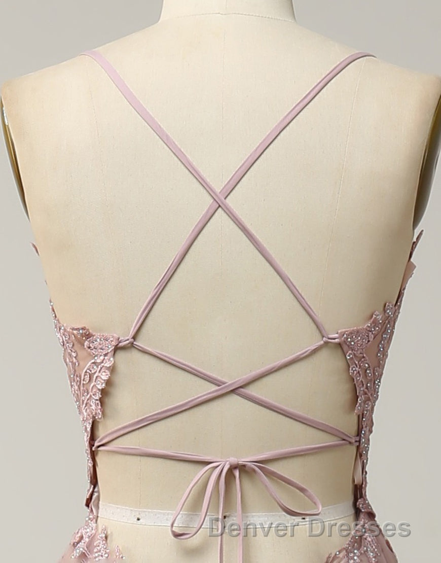 A-Line Tulle Spaghetti Straps Appliques Long Prom Dress with Alit