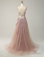 A-Line Tulle Spaghetti Straps Appliques Long Prom Dress with Alit