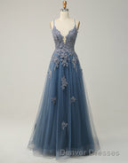 A-Line Tulle Spaghetti Straps Appliques Long Prom Dress with Alit