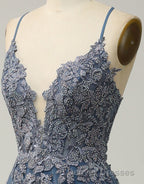 A-Line Tulle Spaghetti Straps Appliques Long Prom Dress with Alit