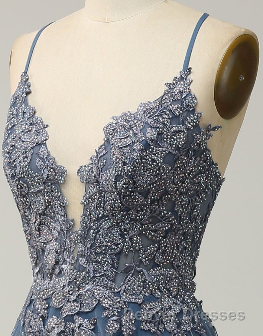 A-Line Tulle Spaghetti Straps Appliques Long Prom Dress with Alit