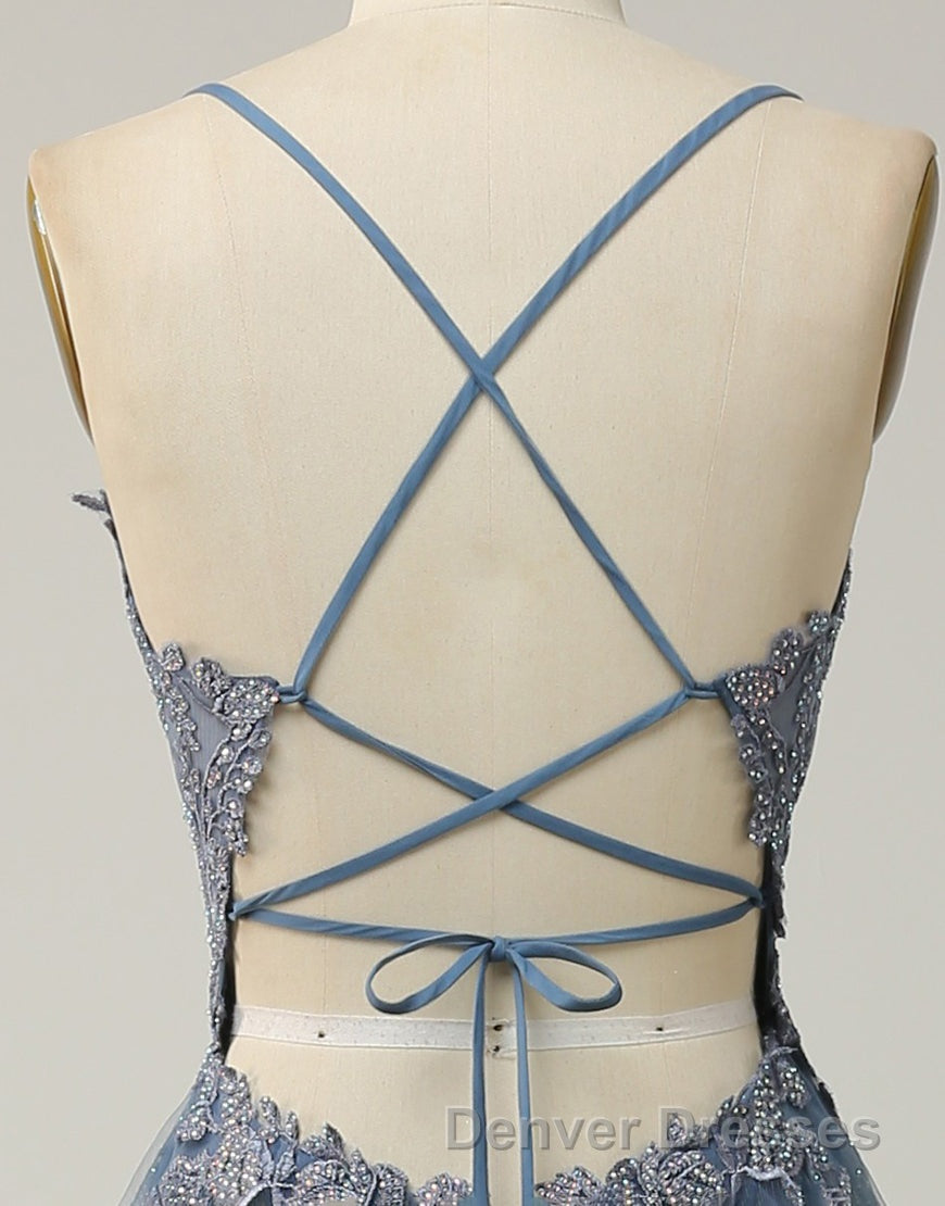 A-Line Tulle Spaghetti Straps Appliques Long Prom Dress with Alit