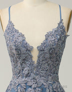 A-Line Tulle Spaghetti Straps Appliques Long Prom Dress with Alit