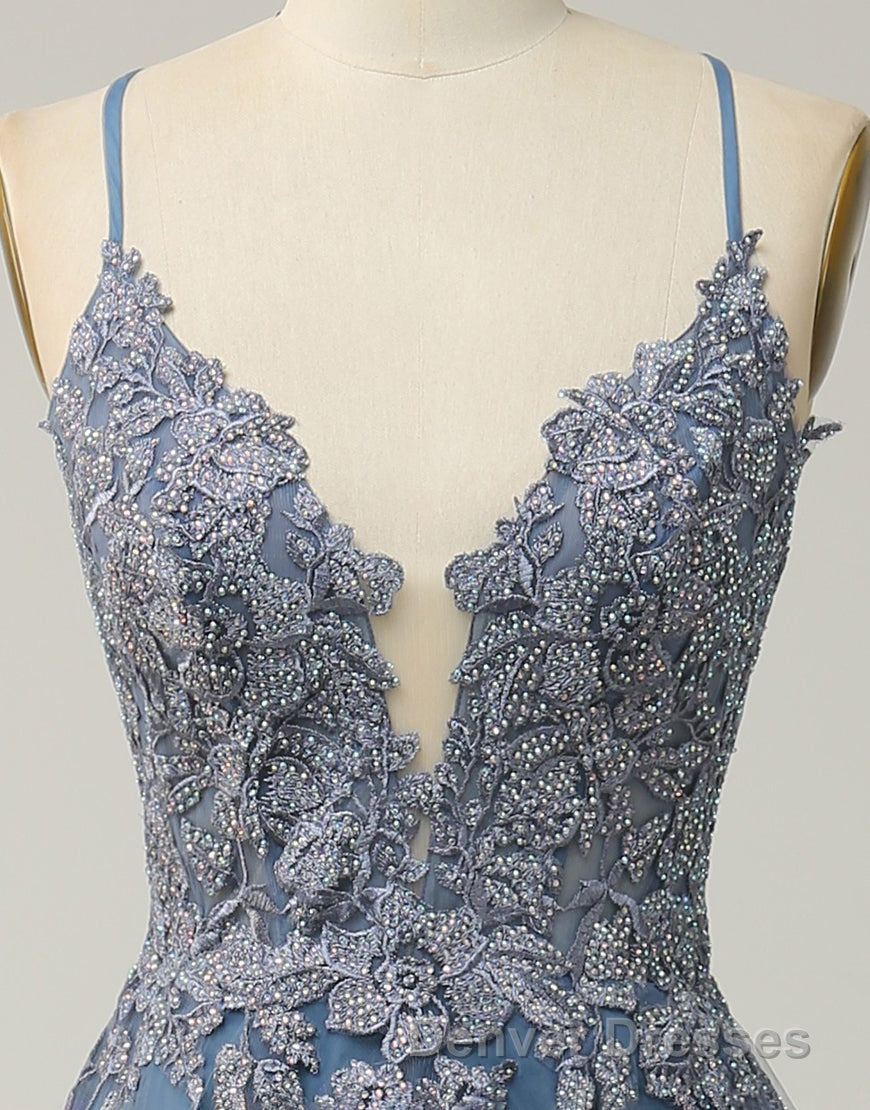 A-Line Tulle Spaghetti Straps Appliques Long Prom Dress with Alit