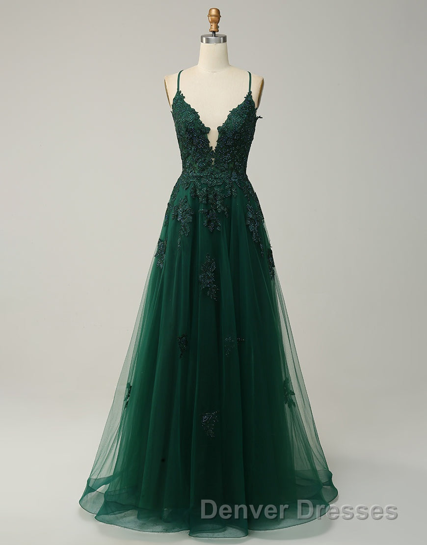 A-Line Tulle Spaghetti Straps Appliques Long Prom Dress with Alit