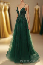 A-Line Tulle Spaghetti Straps Appliques Long Prom Dress with Alit