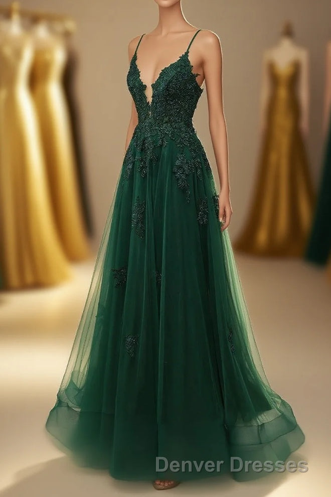A-Line Tulle Spaghetti Straps Appliques Long Prom Dress with Alit Main image