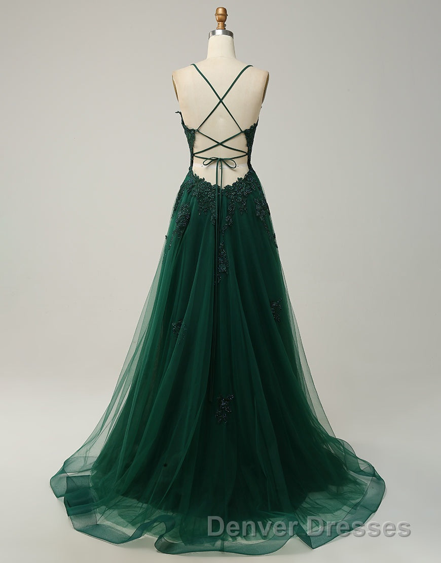 A-Line Tulle Spaghetti Straps Appliques Long Prom Dress with Alit Secondary image